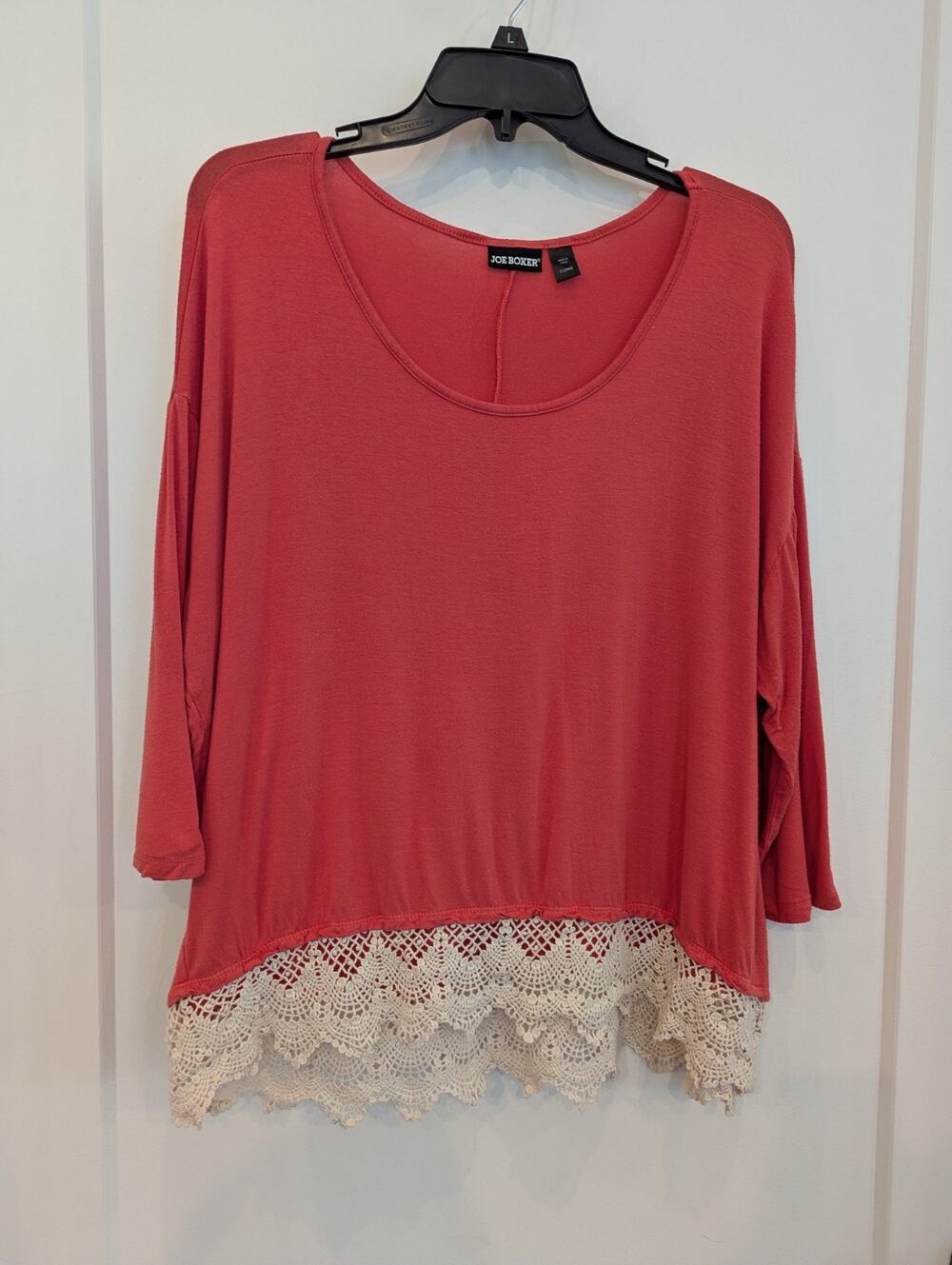 Joe Boxer Women XL Coral Knit 3/4 Sleeve Top Crochet Hemline Casual Bohemian
